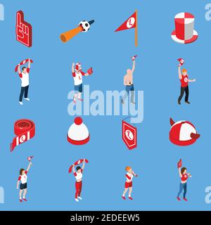 Isometric set of sports fans with accessories including hats and flags on blue background isolated vector illustration Stock Vector