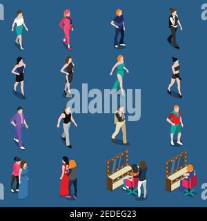 Fashion models isometric set with walking people in various clothing on blue background isolated vector illustration Stock Vector