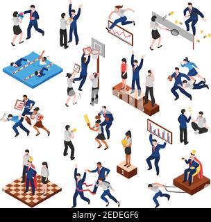 Competitions of business characters isometric set with reports and sports games trophies for winners isolated vector illustration Stock Vector