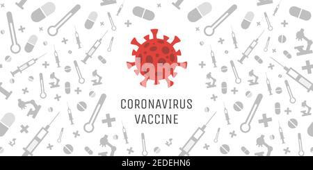 Coronavirus vaccine vector flat banner design. Red Covid-19 cell on background of medical tools, pills, tablets, microscopes and syringes. Medical vaccine against Coronavirus spreading poster concept. Stock Vector