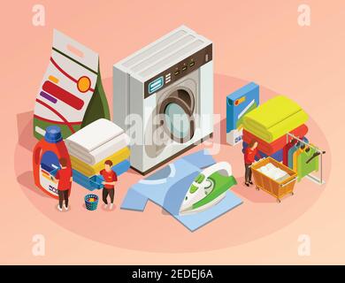 Laundry isometric composition with washing machine iron detergent and other facilities for drying and cleaning clothes on pink background vector illus Stock Vector