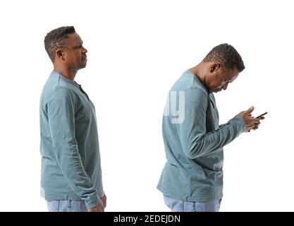 African-American man with bad and proper posture on color background Stock  Photo - Alamy