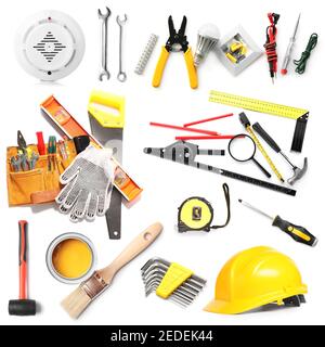 Set of different construction tools on white background Stock Photo