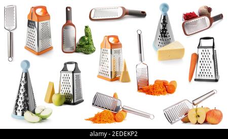 Collage of different graters with fresh products on white background Stock Photo