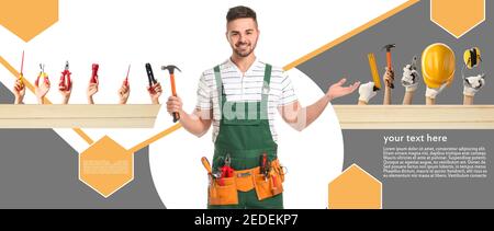 Collage of male worker and hands with different construction tools Stock Photo