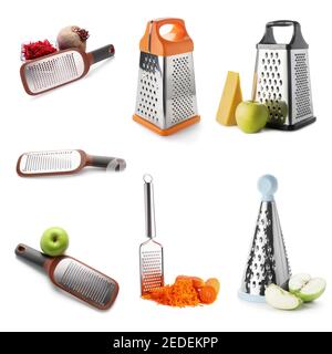 Collage of different graters with fresh products on white background Stock Photo