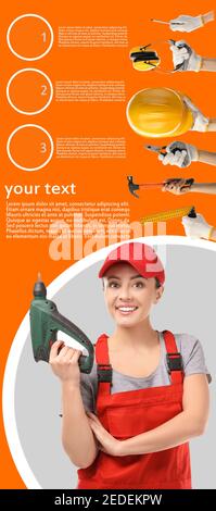 Collage of female worker and hands with different construction tools on color background with space for text Stock Photo