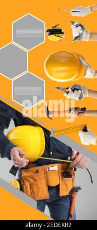 Collage of male worker and hands with different construction tools on color background with space for text Stock Photo