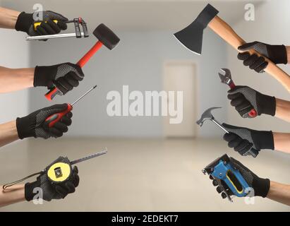 Many hands with different construction tools indoors Stock Photo