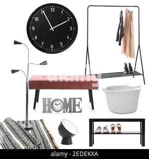 Collage of different elements for hallway interior on white background Stock Photo