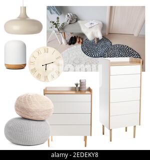 Collage of different elements for hallway interior on white background Stock Photo