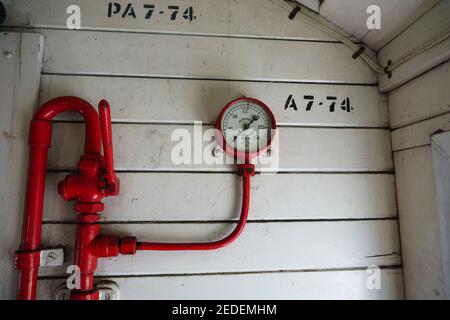 Queenstown New Zealand - February 28 2015; Old-world transportation images of close-up gauges or components on vintage steam engine train Stock Photo