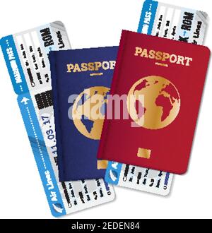 Two passports with boarding passes tickets realistic set  international air travel agency advertisement poster image vector illustration Stock Vector