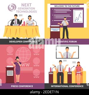 Four square conference hall interior icon set with developer conference press conference scientific forum international conference descriptions vector Stock Vector