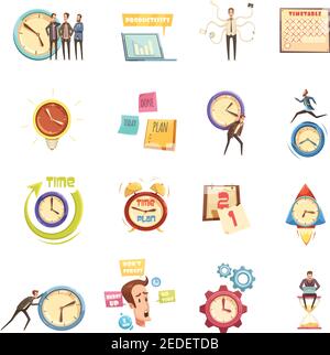 Cartoon clock time with icons for productivity and schedule vector ...