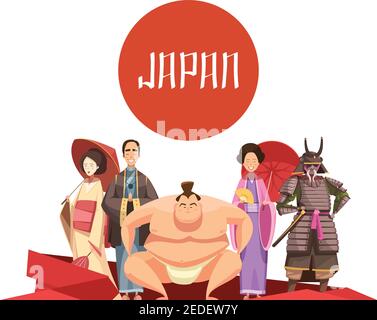 Japanese persons retro cartoon design with man and women in national clothing samurai sumo wrestler vector illustration Stock Vector