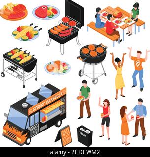 Isometric set with meat and vegetables on grill people near car with street barbecue isolated vector illustration Stock Vector