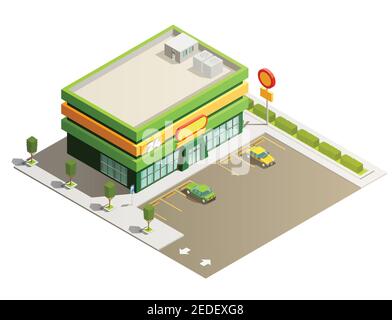 Department store supermarket light green modern building exterior outdoor isometric view with adjacent parking lot vector illustration Stock Vector