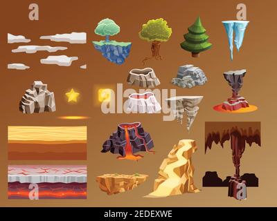 Computer games 3d bright glowing elements collection with golden lava volcano eruption caramel brown background vector illustration Stock Vector
