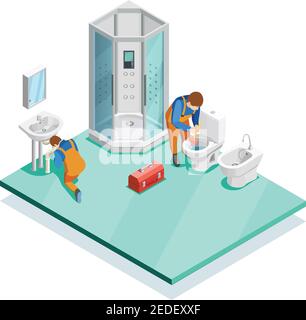 Plumbers fixing problems in modern luxury bathroom with shower cabin enclosure sink and bidet isometric vector illustration Stock Vector