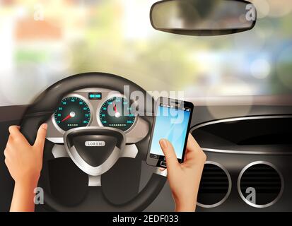 Car inside design concept with human hands holding steering wheel and digital tablet realistic vector illustration Stock Vector