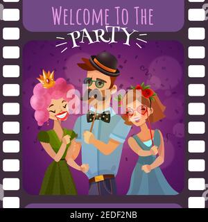 Photo booth party invitation in form of frame of photographic film with happy cartoon people dressed in carnival costumes vector illustration Stock Vector