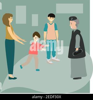 Granny arrived. Happy family moments. Mom and children joyfully meet grandmother. Vector illustration. Stock Vector