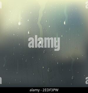 Colored misted wet glass drops realistic composition with rain stains on the window vector illustration Stock Vector