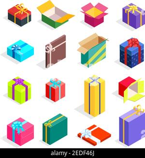 Gift box set with colorful carton fancy boxes of different size and colour closed and opened vector illustration Stock Vector