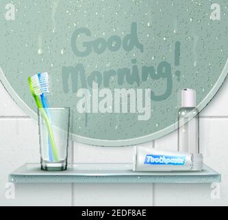 Bathroom misted mirror background with finger drawn text and glassy shelf with tooth brush and toothpaste vector illustration Stock Vector