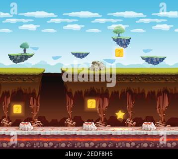 Electronic computer video game display screen view with dark underground glowing treasure search floor cartoon vector illustration Stock Vector