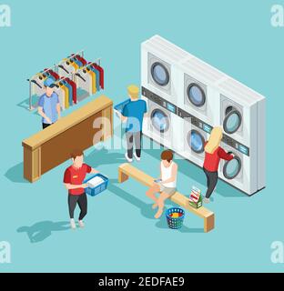 Self service coin public laundry facility interior with customers washing and drying clothes isometric poster vector illustration Stock Vector