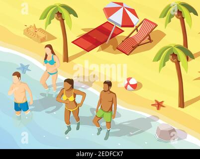 Two young couples friends on tropical beach vacation bathing in swimming suits isometric view poster vector illustration Stock Vector