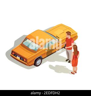 Car kit isometric images composition with male and female characters near realistic orange automobile with shadows vector illustration Stock Vector