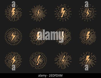 Set of gold vintage lightnings sign with sunburst effect. Retro icons electrical strike with arrow, shock light rays. Voltage and power, electricity, energy and thunder. Isolated vector illustration Stock Vector