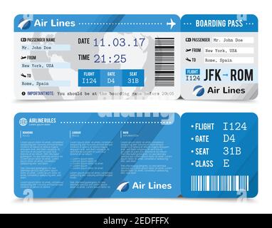 Colored realistic boarding pass composition with information about passenger on the front side and the back vector illustration Stock Vector