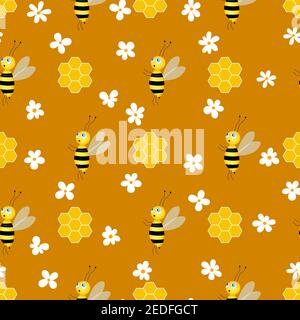 Seamless pattern with bees and honeycombs on brown background. Small wasp. Vector illustration. Adorable cartoon character. Template design for Stock Vector