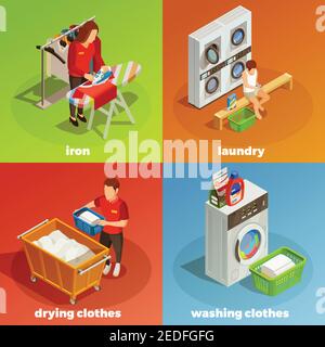 Colorful laundry ironing drying washing and cleaning clothes 2x2 isometric composition isolated vector illustration Stock Vector