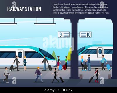 Railway station flat composition with passenger characters on platform with intercity high speed trains with text vector illustration Stock Vector
