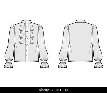 Poet pirate blouse technical fashion illustration with ruffles collar, bishop long sleeves, stand neck, loose fit, button up. Flat top template front, back, grey color. Women unisex shirt CAD mockup Stock Vector