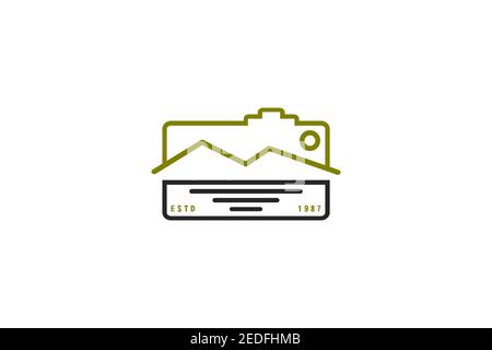 Mountain landscape photography logo. camera logo line art. Stock Vector
