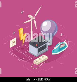 Electricity isometric concept with socket and domestic appliances symbols vector illustration Stock Vector