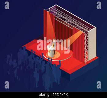 Music award ceremony isometric dark blue background poster with  winner onstage speech in red spotlights vector illustration Stock Vector