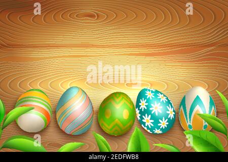 Colorful easter eggs with floral and striped ornaments and green leaves on light wooden background vector illustration Stock Vector