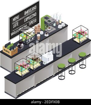 Coffee bar stand isometric composition with coffee brewer black board cups varieties box and sweet cakes vector illustration Stock Vector