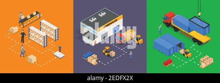 Three square colored compositions on warehouse theme with trucks goods shelves and workers in isometric design vector Illustration Stock Vector