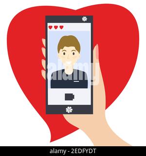 Online dating concept. Video meeting. Woman hand holding phone. Man and girl talking on video call. Isolated vector illustration on a white background Stock Vector