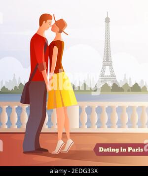 Romantic dinner dating couples flat composition with human characters on river bank and Eiffel tower view vector illustration Stock Vector