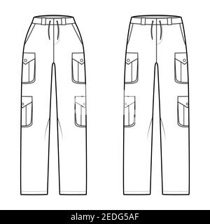 Set of cargo pants technical fashion illustration with normal low waist, high rise, pockets, belt loops, full lengths. Flat bottom apparel template front, white color style. Women, unisex CAD mockup Stock Vector