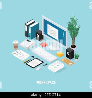 Colored 3d office workspace isometric composition with neatly folded tools on table vector illustration Stock Vector